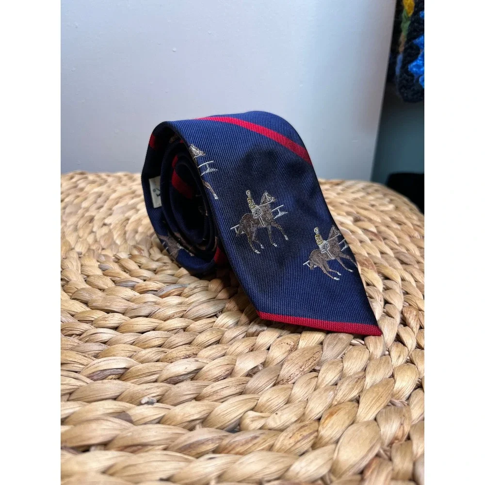 Keeneland Navy Blue Red Equestrian Horses Kentucky Derby Prep Old Money Silk Tie